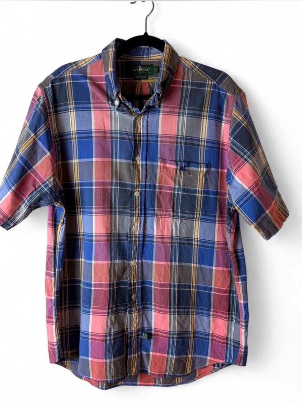 Hunt Club Preppy Short-Sleeve Plaid Button-Down Shirt - Blue & Pink - Size L